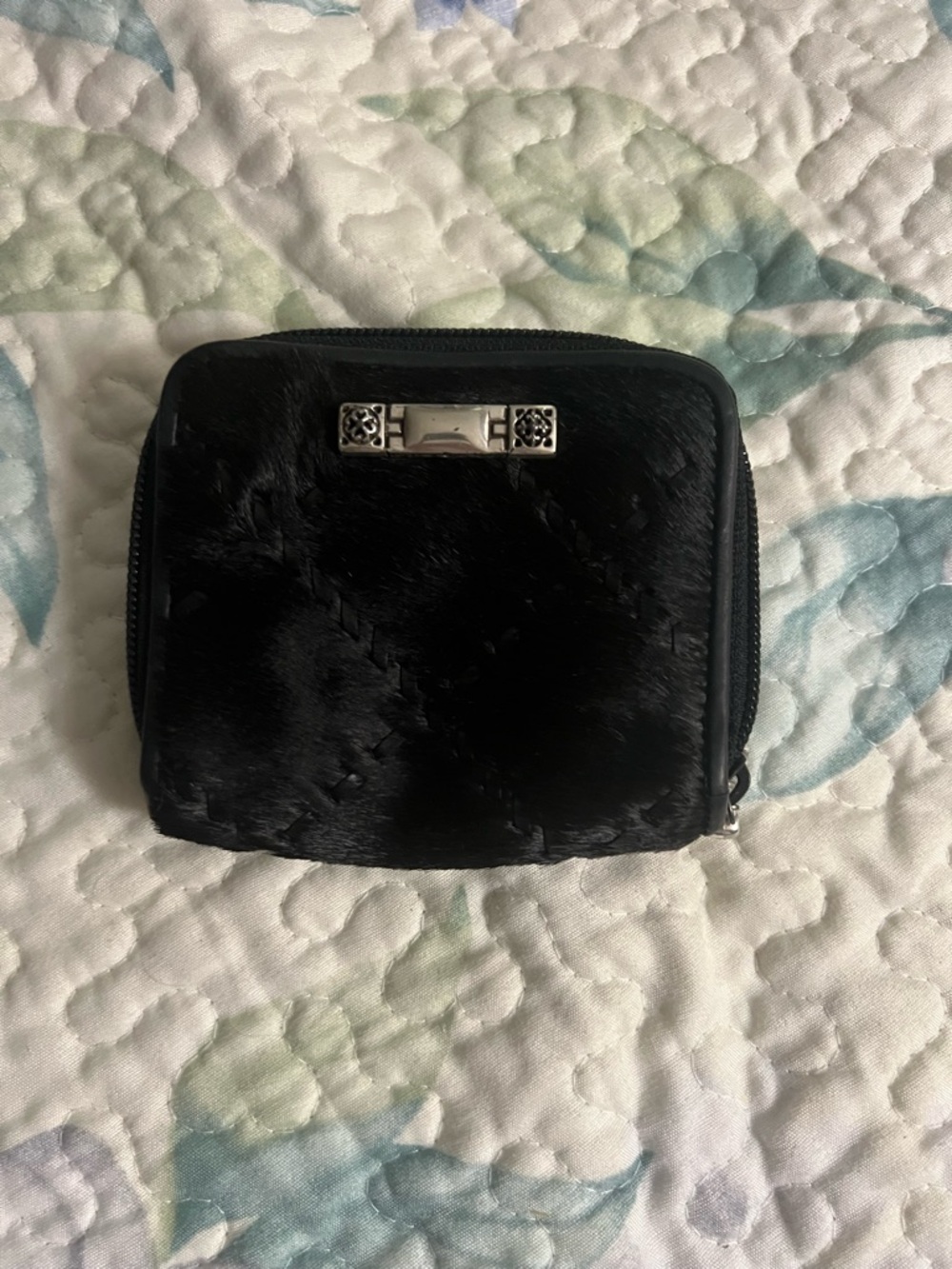 Brighton Black Leather Faux Fur Heart Zip Wallet with Silver Accent